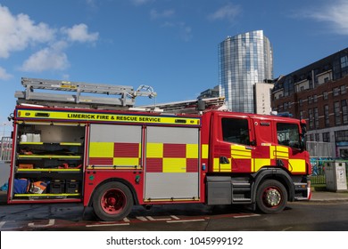 Limerick  City, Ireland -  7th March, 2018: Fire Department Fire Engine Truck Parked In Downtown Limerick City, Ireland