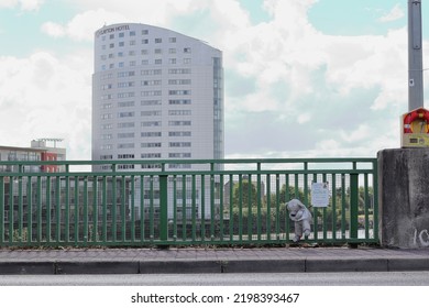 Limerick, Ireland - 09 04 2022: Suicide Memorial On A Bridge With Teddy Bear Attached To Railing On The Side Of The Road 