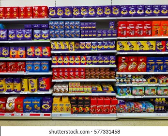 Limerick, Ireland - Feb 12th, 2017: Famous Easter Tradition In Ireland And Europe , Giving Chocolate Easter Eggs As A Gift. Selection Of Chocolate Candy Sweet Easter Eggs On Shelves In A Shop Store.