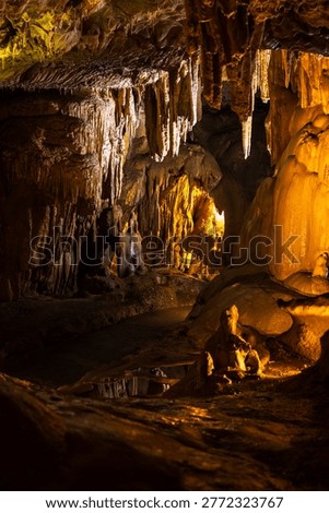 Limestone formations and stalactites in the underground chambers of the Grottes de Bétharram