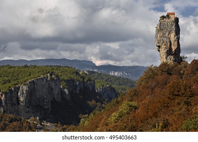 Limestone Pillar With A Monastery On The Top, Known As Katskhi Pillar In Georgia.