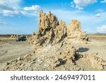 Limestone prehistoric chimneys mineral rock formation and offroad 4x4 vehicle, salt lake Abbe, Dikhil region, Djibouti