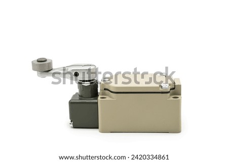 Limit switch sensor of the machine. limit switch for mechanical movement and actuators limits. isolated on white background of limit switch, control device, electrical equipment in control system.