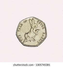 Limited Edition British 50p Piece Coin Commemorating Beatrix Potter Character Peter Rabbit With Full Figure Side View Running