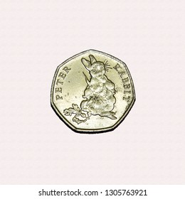 Limited Edition British 50p Piece Coin Commemorating Beatrix Potter Character Peter Rabbit Full Figure Eating Carrots