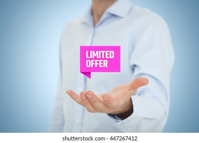 Limited offer concept - exclusive business model and marketing offer. Businessman hold virtual label with text. - Shutterstock ID 447267412