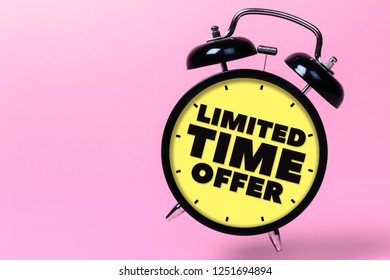 Limited time offer. Black alarm clock with yellow clock face on pink background. Discount banner sale, pink poster, store promotion - Powered by Shutterstock