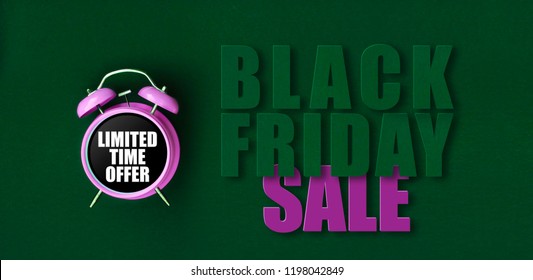 Limited time offer. Pink alarm clock on green background with Black Friday sale paper cut text and thin frame. Dark green web banner for discount poster, store promotion.
