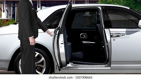 Limo Driver Opening White Car Door 