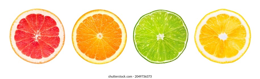 Limon, orange, lemon, lime, grapefruit slices. isolated on white. Photo of citrus fruits. Circle - Shutterstock ID 2049736373