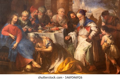 LIMONE SUL GARDA, ITALY - MAY 9, 2015: The painting of The Supper Of Jesus By Simon The Pharisee in church Chiesa Parrocchiale di S. Benedetto by Andrea Celesti (1637 - 1712).