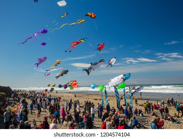 Lincoln City, Oregon - 10/4/2018:  A Variety Of Kites Being Flown At A Kite Festival At Lincoln City, Oregon.