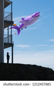 Lincoln City, Oregon - October 6, 2018: Silhouette Of A Person Standing On A Hill Watching A Large Purple Whale Kite Flying In Windy Blue Sky Along The Ocean Coast. 