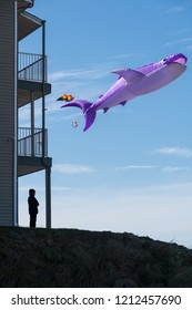 Lincoln City, Oregon - October 6, 2018: Silhouette Of A Person Standing On A Hill Watching A Large Purple Whale Kite Flying In Windy Blue Sky Along The Ocean Coast. 