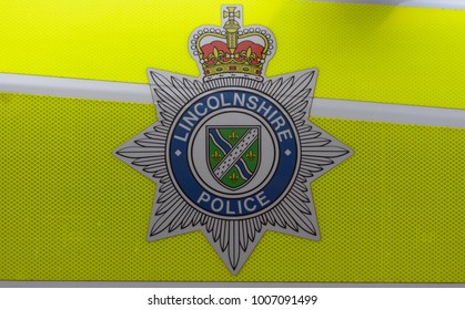 Lincoln, England - Nov 17, 2017: Close Up Of Lincolnshire Police Badge, Coat Of Arms On Police Car