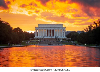 Lincoln Memorial During A Fiery Sunset Over The Reflecting Pool