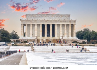 Lincoln memorial and pool at winter sunset, Washington DC, USA