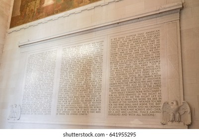 Lincoln Memorial - Speech Of Abraham Lincoln Carved In Stone - WASHINGTON DC / COLUMBIA - APRIL 7, 2017