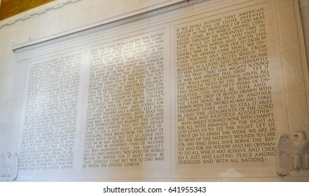 Lincoln Memorial - Speech Of Abraham Lincoln Carved In Stone - WASHINGTON DC / COLUMBIA - APRIL 7, 2017