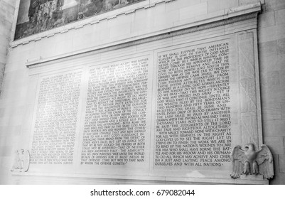 Lincoln Memorial - Speech Of Abraham Lincoln Carved In Stone - WASHINGTON DC / COLUMBIA - APRIL 7, 2017