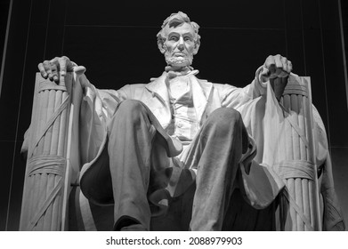 The Lincoln Memorial Statue Of US President Abraham Lincoln On The National Mall In Washington DC. Black And White, Selective Focus.