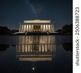 The Lincoln Memorial, Washington D.C., illuminated under the night sky with reflections on the reflecting pool.