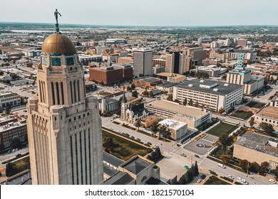 Lincoln, NE / USA - 09/25/2020: Drone photos of the Nebraska state capitol building in Lincoln, Nebraska 