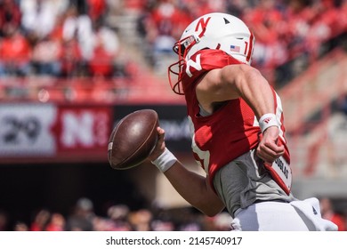 Lincoln, Nebraska, USA - April 9, 2022: University Of Nebraska Football Freshman Quarterback Heinrich Haarberg Runs During The Annual Red-White Spring Game At Memorial Stadium.