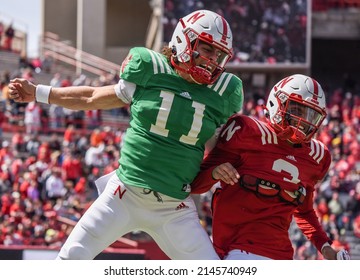 
Lincoln, Nebraska, USA - April 9, 2022: University Of Nebraska Quarterback Casey Thompson Celebrates During The Annual Red-White Spring Game At Memorial Stadium In Lincoln.