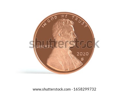  Lincoln Penny Copper Coin 2020 S Straight view on White Background Currency
