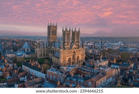 Lincoln, UK. Cathedral and City at sunset. Aerial view of the British city of Lincoln United Kingdom. Steep Hill and historic church