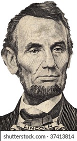 Lincoln's Portrait On The U.S. Five Dollar Bill On A White Background