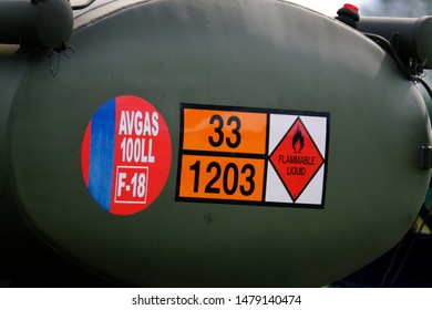 Lincolnshire Aviation Heritage Centre, East Kirkby, Lincolnshire, UK. 03 August 2019. Air Show. Aviation Fuel Tanker Warning Signs.