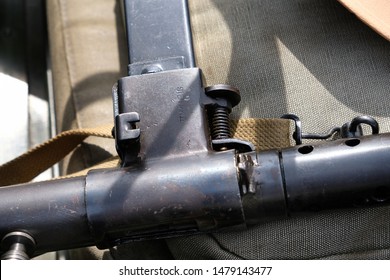 Lincolnshire Aviation Heritage Centre, East Kirkby, Lincolnshire, UK. 03 August 2019. Air Show.  Detail Of British World War Two Sten Gun.