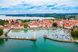 Lindau Aerial Panoramic View. Lindau Is A Major Town And Island On The Lake Constance Or Bodensee In Bavaria, Germany.