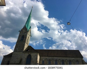 Lindenhof, Zurich, Switzerland - July 7th, 2017 - Fraumünster Church Under The Blue Sky