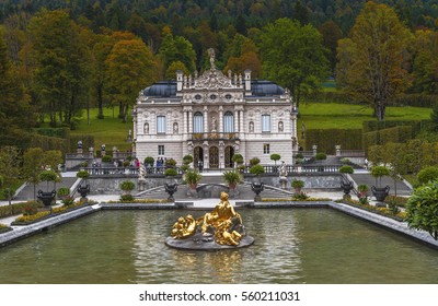 LINDERHOF, GERMANY - OCTOBER 2016: Park view on Linderhof palace in autumn
