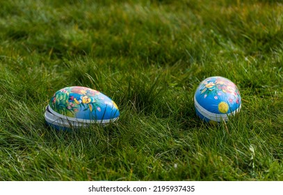 Lindesnes, Norway - April 16 2022: Decorated Easter Eggs In Green Grass.