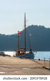 Lindesnes, Norway - August 04 2021: Old Traditional Wooden Danish Trawler Vessel Docked.