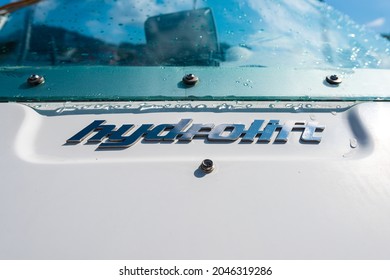 Lindesnes, Norway - August 05 2021: Hydrolift Logo On A White Speed Boat.