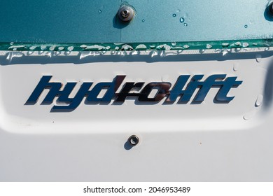 Lindesnes, Norway - August 05 2021: Hydrolift Logo On A White Speed Boat.