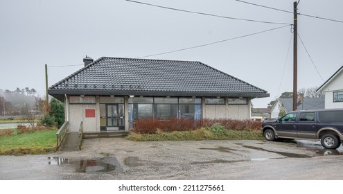 Lindesnes, Norway - December 24 2017: The Old Bank Building At Spangereid.