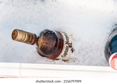 Lindesnes, Norway - July 06 2011: Captain Morgan Bottle In Cold Ice.