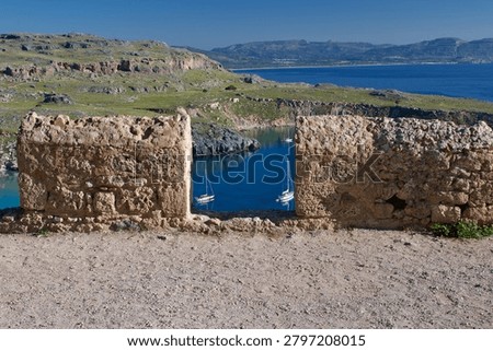 Lindos Bay Panoramic View from First Terrace of the Castle of the Knights of St John Lindos Rhodes Greece