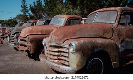 A Line Of Abandoned Rusty Vintage Old Chevy Trucks