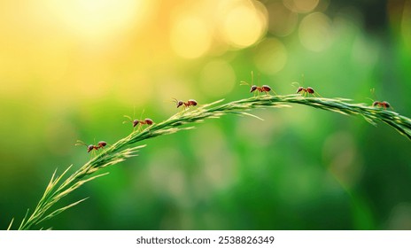 A line of ants walk along a blade of grass in a field. - Powered by Shutterstock