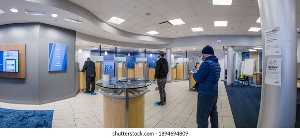 Line In A Bank, People Wearing The Mask And Waiting In The Line, Bronx, New York, United States, 1.15.2021 