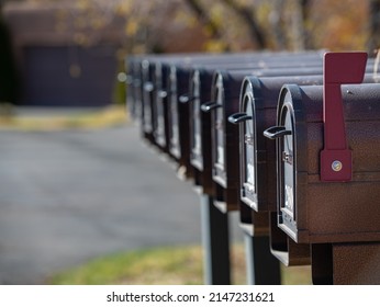 line up of black mailboxes with first mail box with red flag up signifying got mail for U.S. mail service selective focus depth of field open space for type on left horizontal format fall background