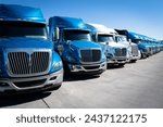 Line of blue 18-wheeler semi-trucks commercial fleet vehicles