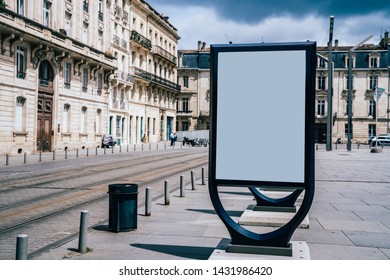 Line Of Clear Billboards On City Street With Blank Copy Space Screen For Advertising Or Promotional Poster Content, Empty Mockup Lightboxes For Information, Blank Displays Outdoors In Urban Area